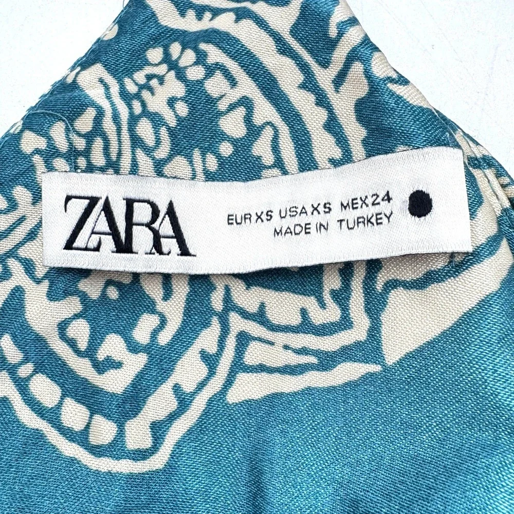 ZARA Women's XS Teal Blue White Paisley Satin‎ Mini Dress Ruched Bust